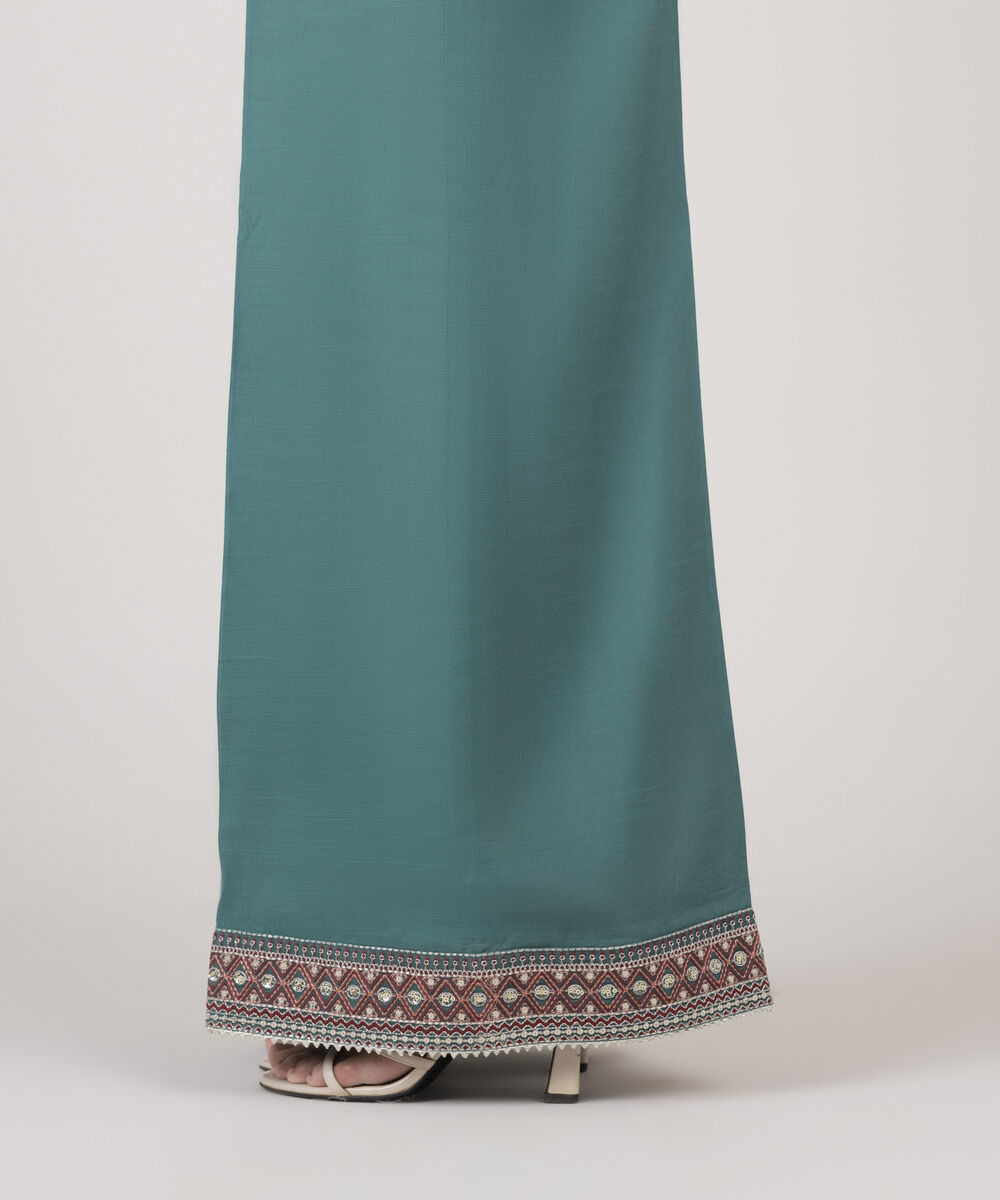 Women's RTW Viscose Raw Silk Solid Blue Flared Pants