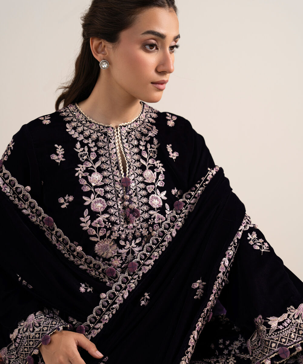 Women's Unstitched Embroidered Velvet Purple 3 Piece Suit