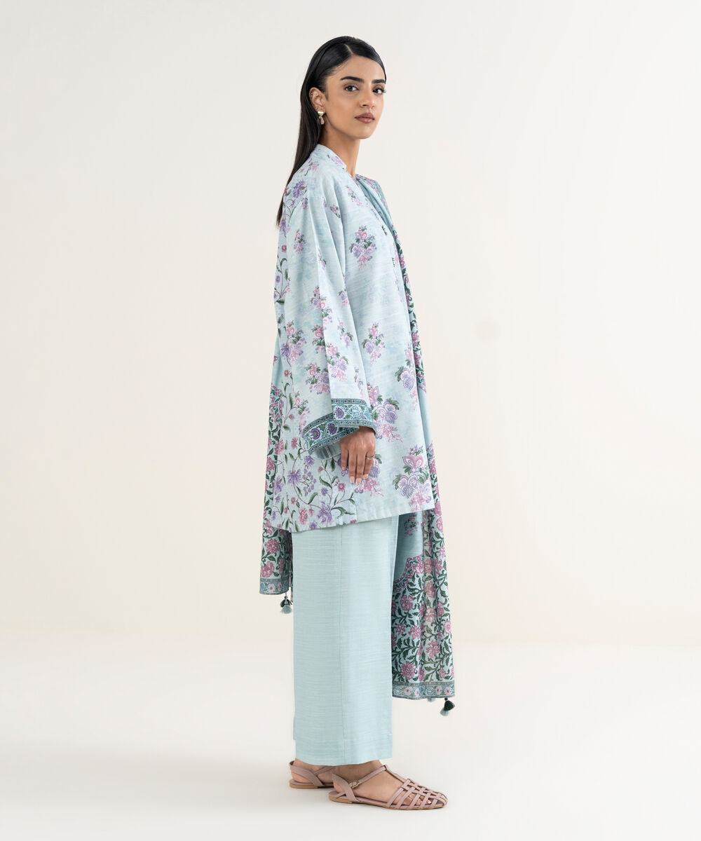 Women's Unstitched Printed Khaddar Light Aqua 3 Piece Suit