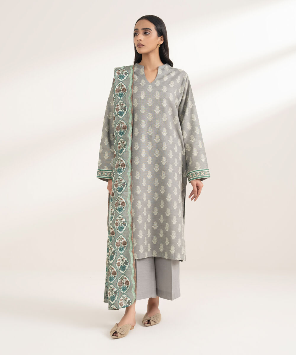 Women's RTW Khaddar Printed Grey 3 Piece Suit
