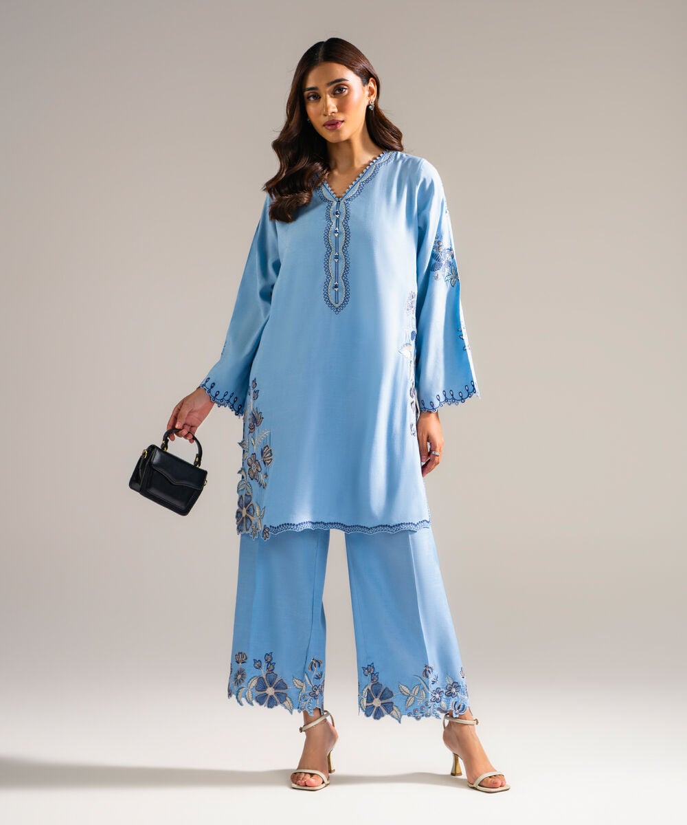 Women's RTW Raw Silk Embroidered Blue 2 Piece Suit