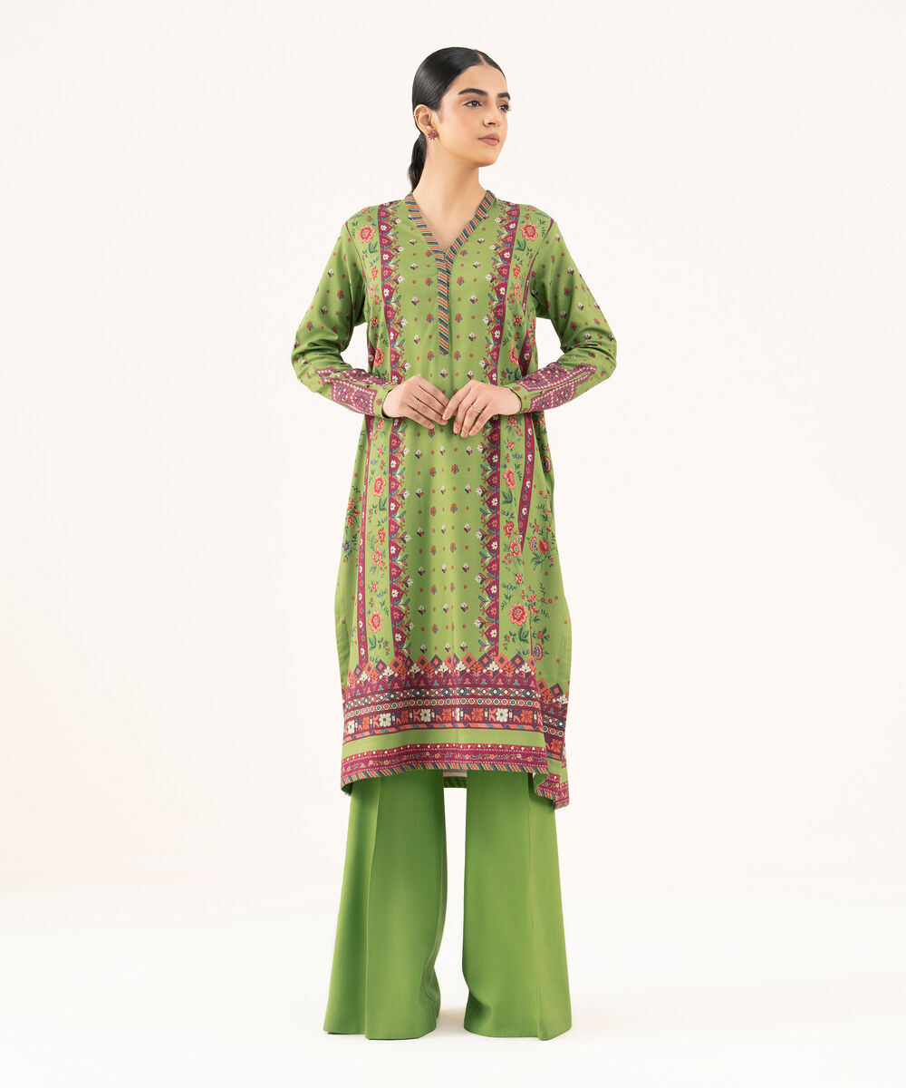 Women's Unstitched Cotton Printed Green 2 Piece Suit