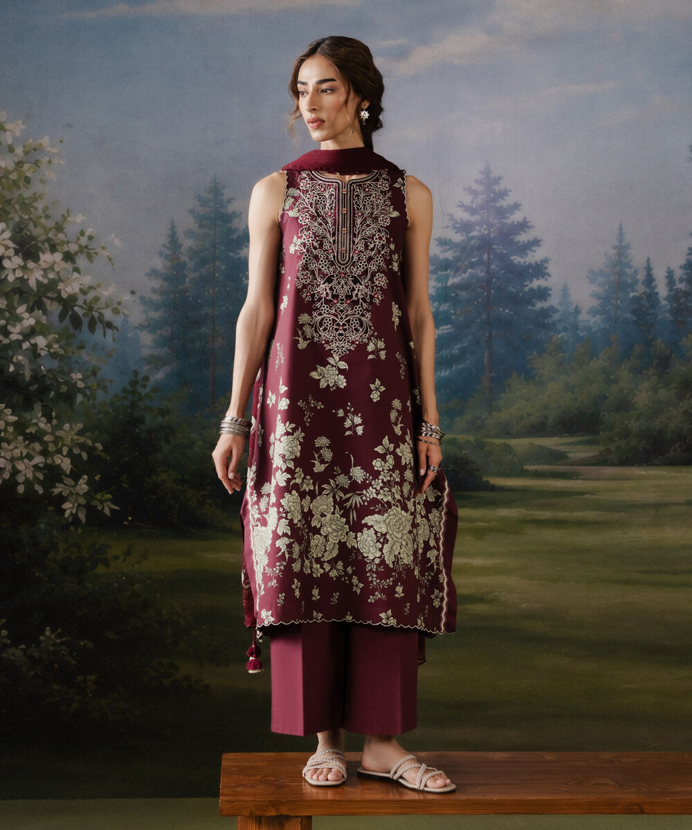 Women's Unstitched Cotton Embroidered Red