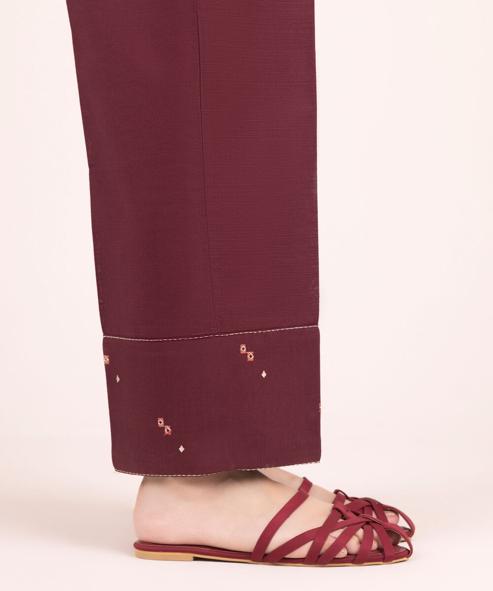 Women's RTW Khaddar Embroidered Brown Straight Pants