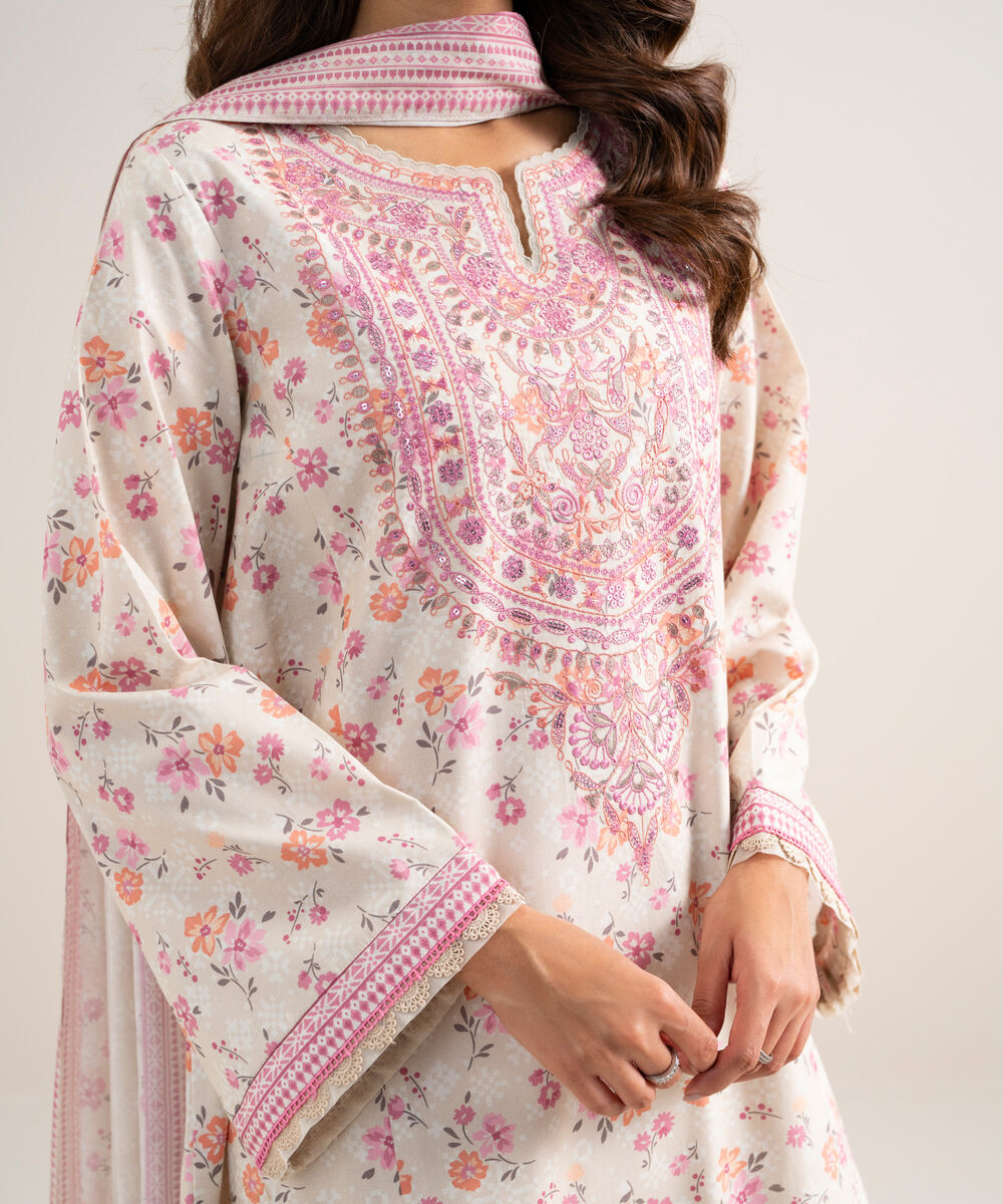 Women's Unstitched Lawn Embroidered Off White