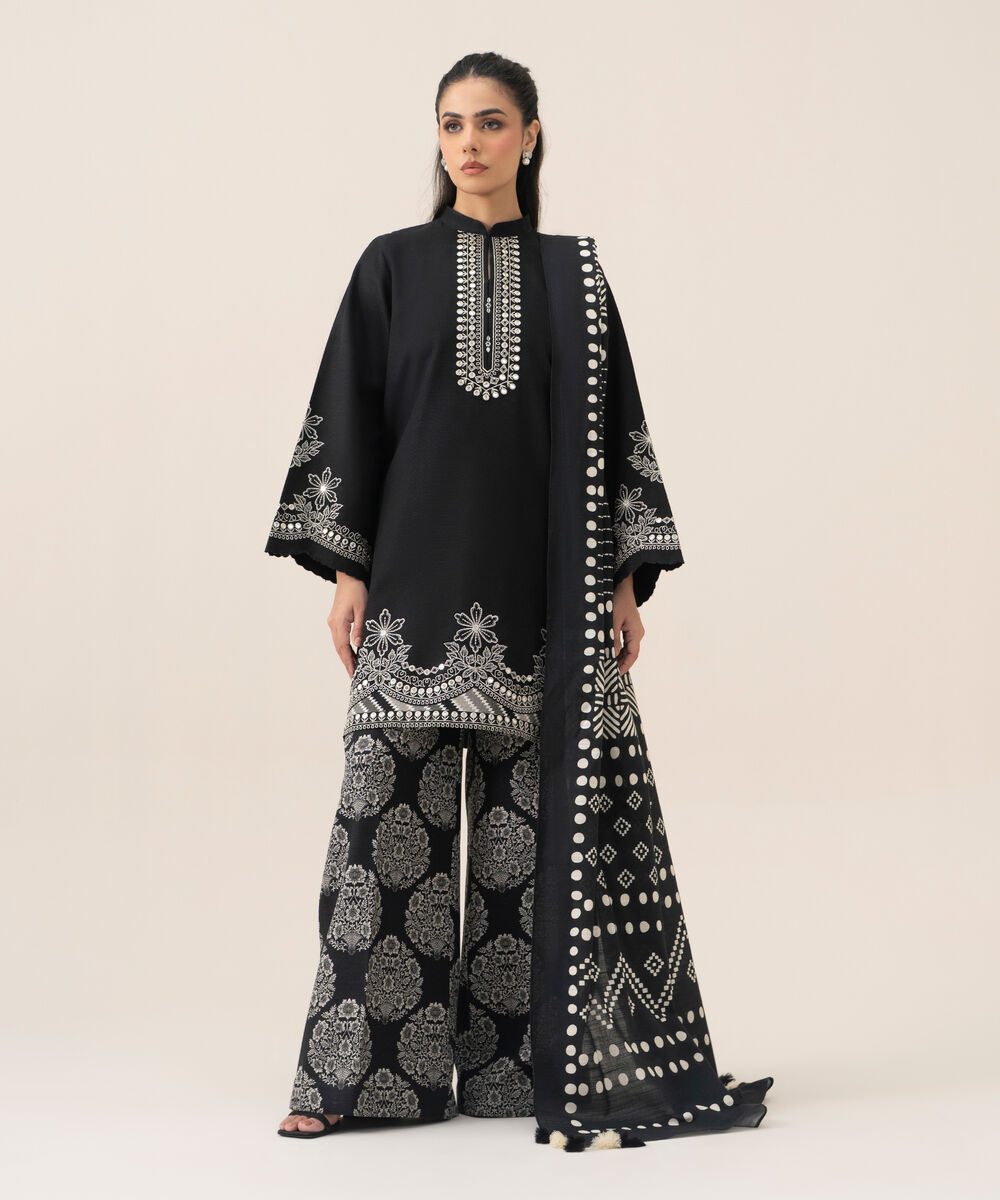 Women's Unstitched Basic Khaddar Embroidered Black 3 Piece Suit