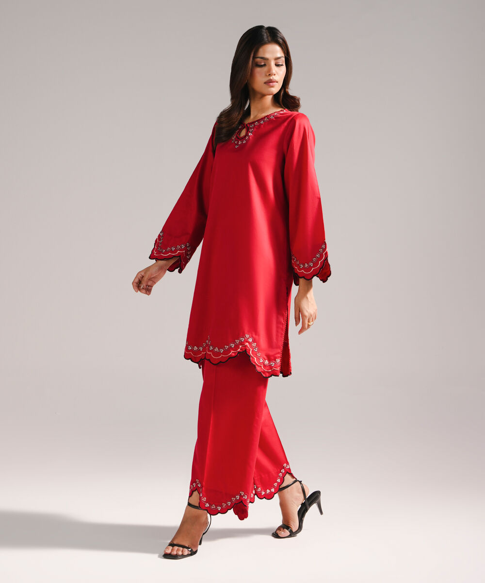 Women's RTW Cotton Satin Embroidered Red 2 Piece Suit
