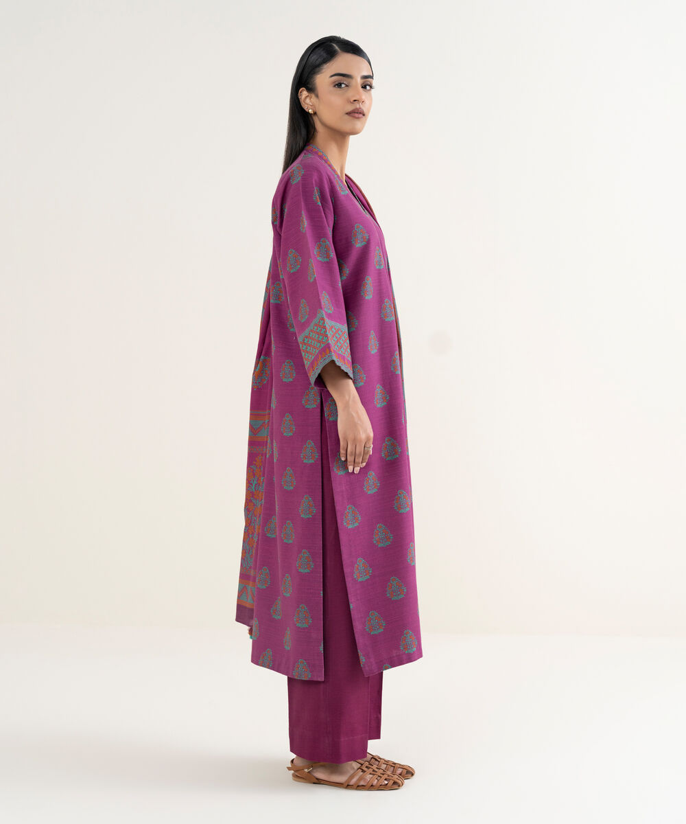 Women's Unstitched Printed Cotton Magenta 3 Piece Suit