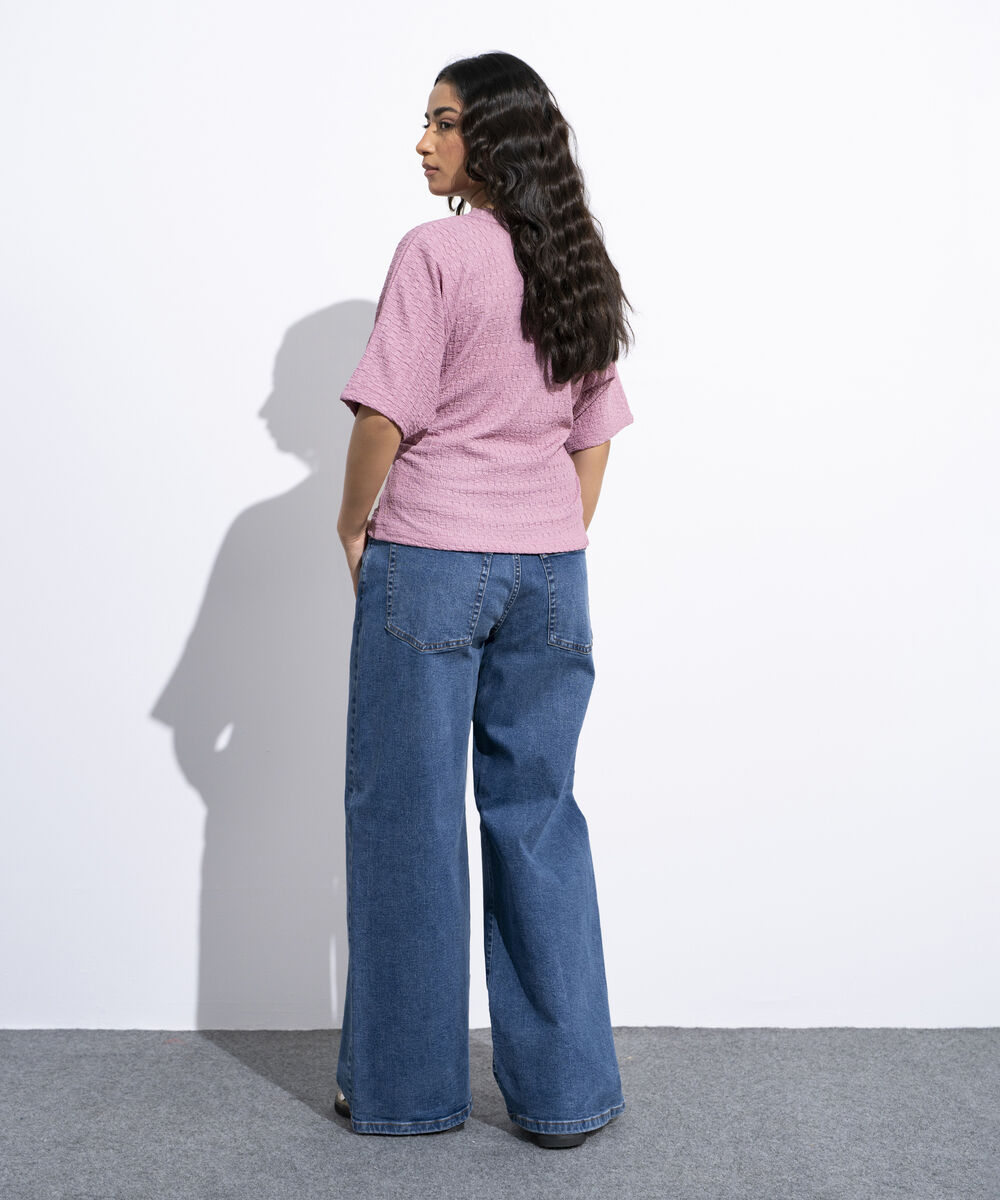 Women's Pink Cinched Waist Textured T-Shirt