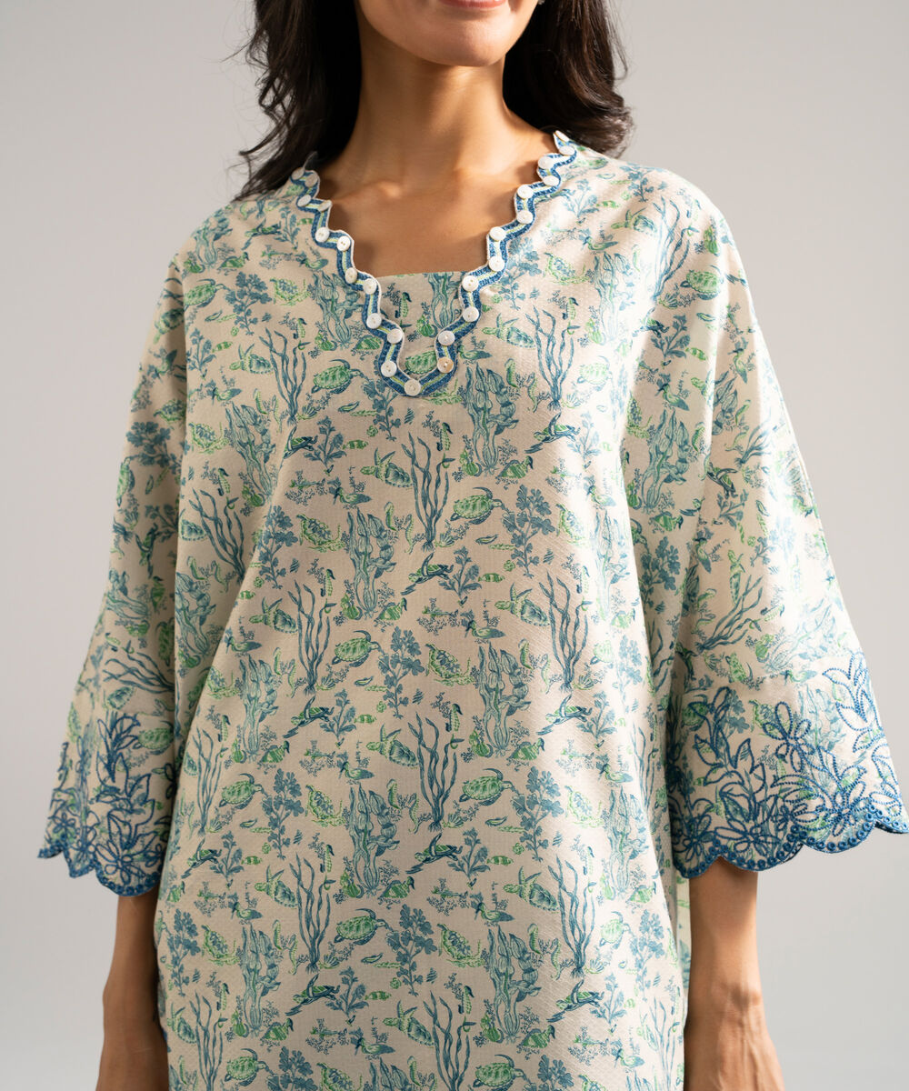 Women's RTW Dobby Embroidered Off White Drop Shoulder Shirt