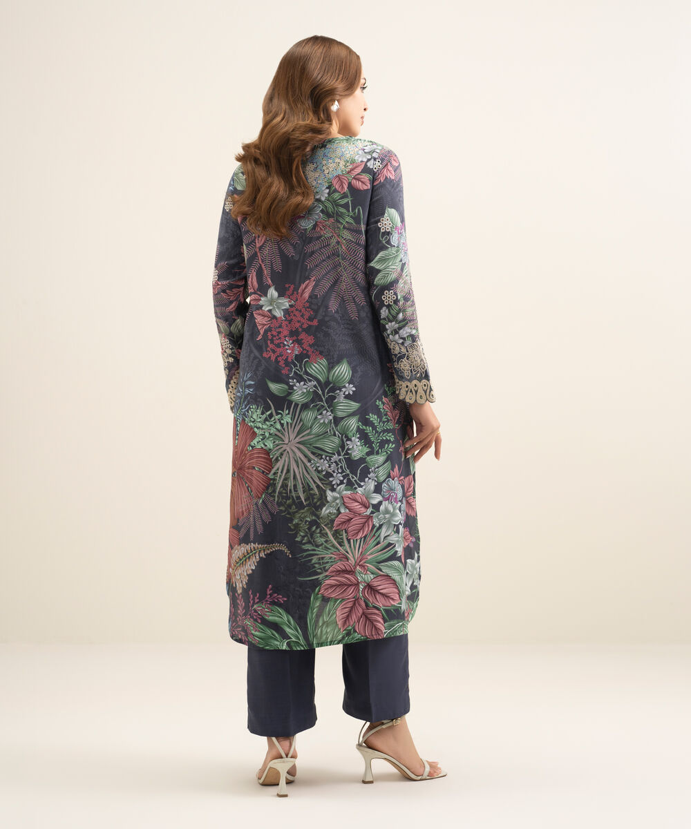 Women's RTW Viscose Raw Silk Embroidered Blue 2 Piece Suit