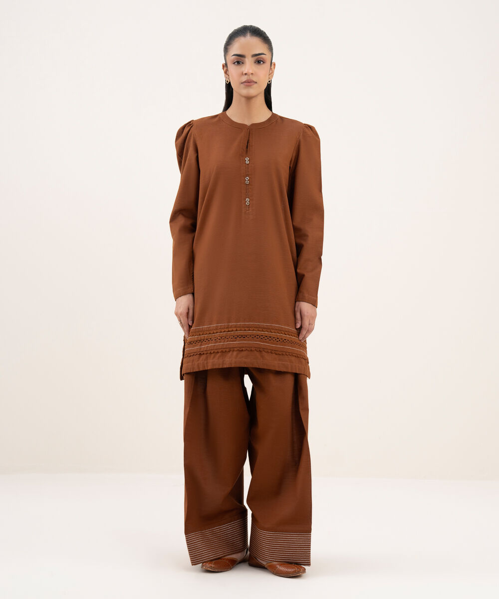 Women's RTW Light Khaddar Solid Straight Rust Shirt