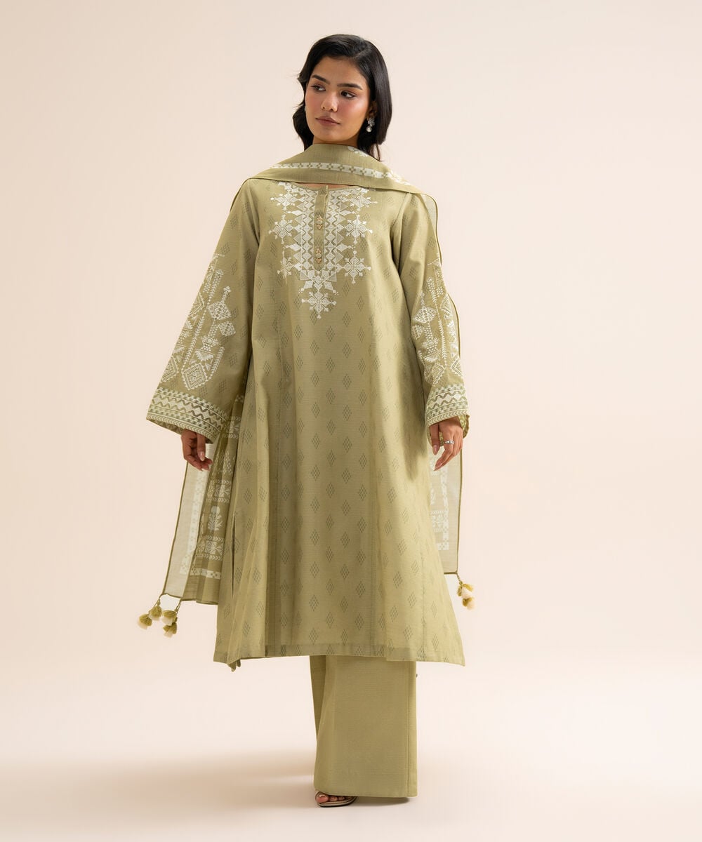 Women's Unstitched Light Khaddar Embroidered Green 3 Piece Suit