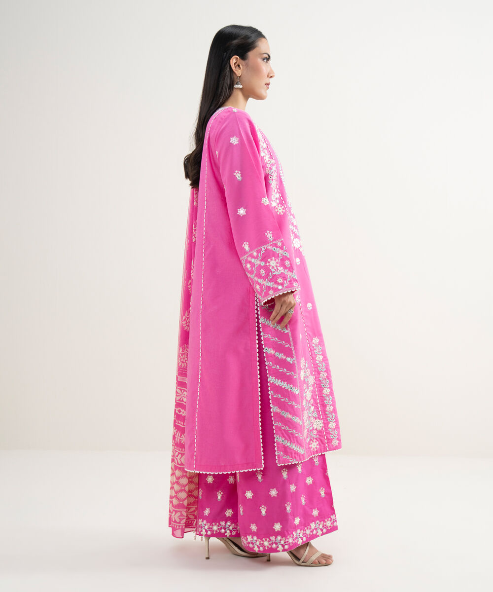 Women's RTW Zari Cotton Embroidered Pink 3 Piece Suit