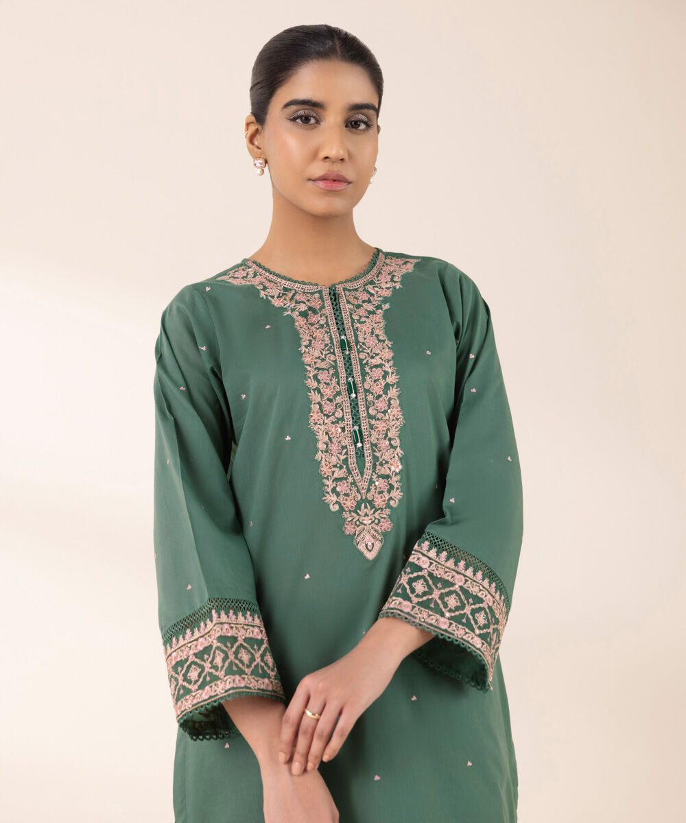 Women's RTW Lawn Green Embroidered A-Line Shirt