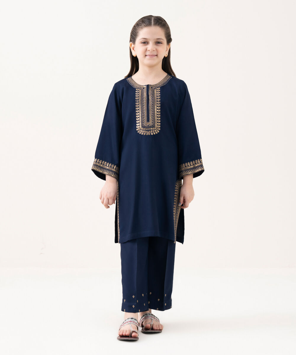 Girl's Bedford  Embroidered Blue 2 Piece Suit