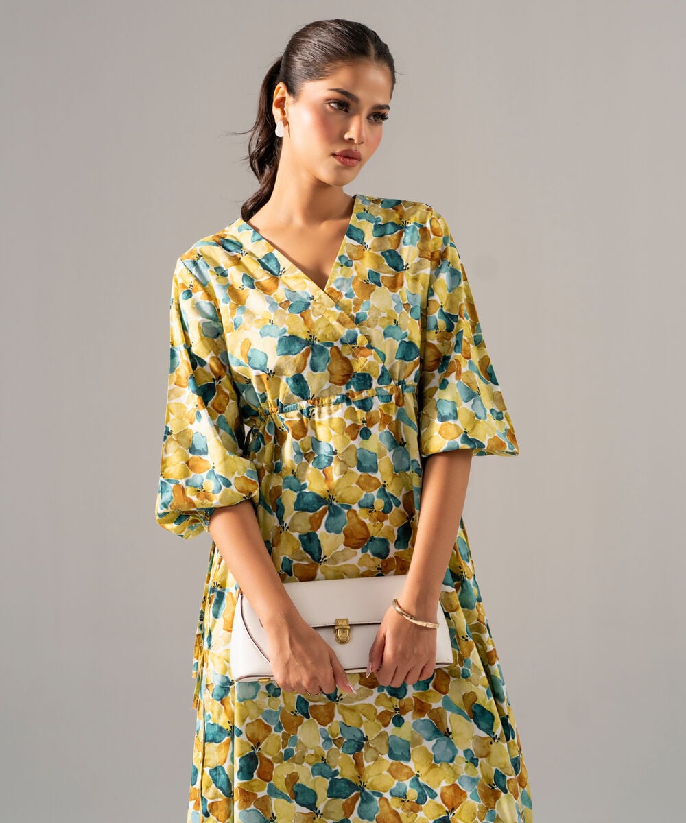 Women's RTW Cotton Viscose Printed Green Dress