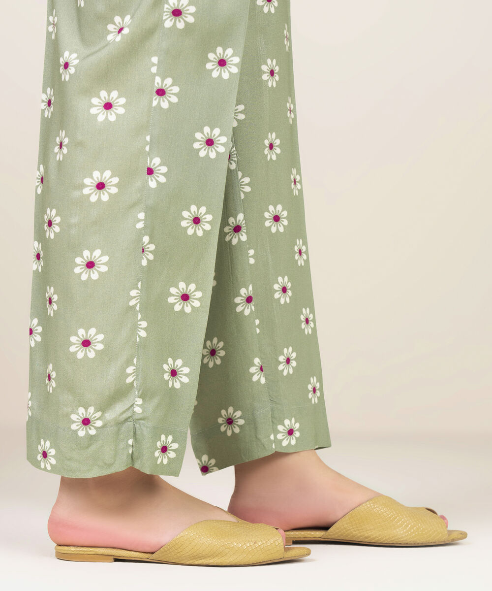 Women's RTW Viscose Linen Printed Olive Green Straight Pants