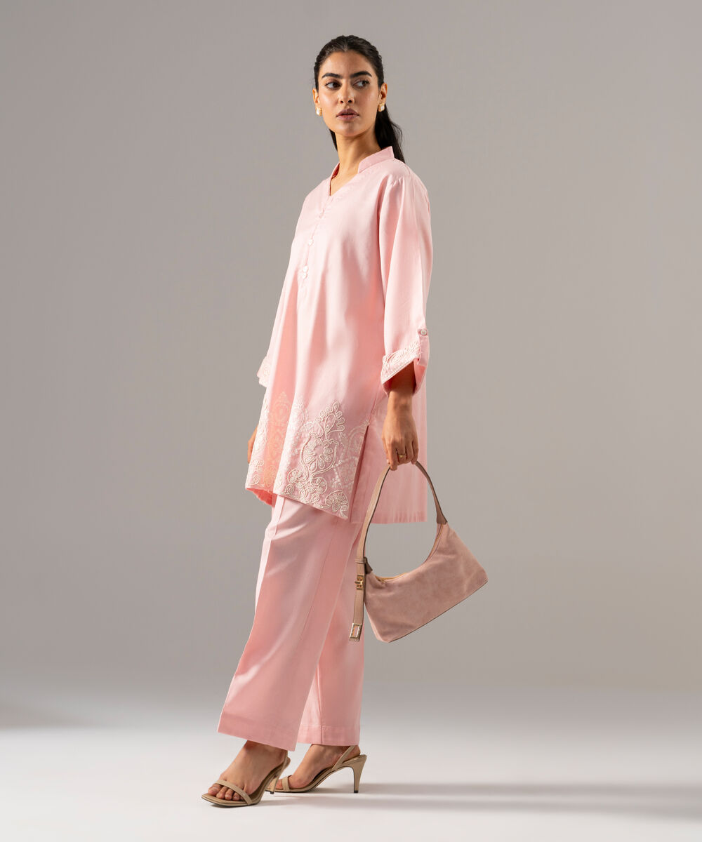 Women's RTW Cotton Linen Embroidered Pink 2 Piece Suit