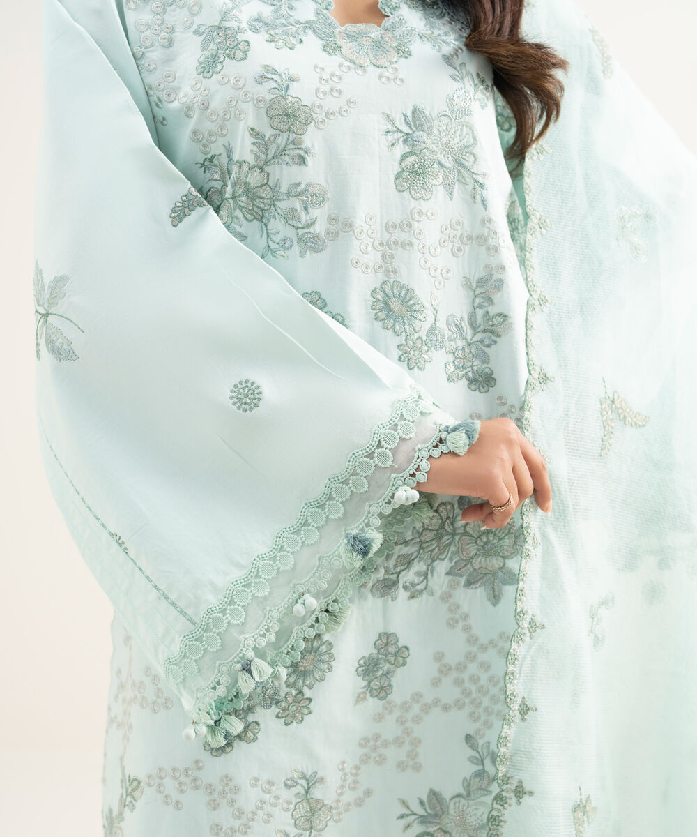 Women's Unstitched Lawn Embroidered Blue 3 Piece Suit