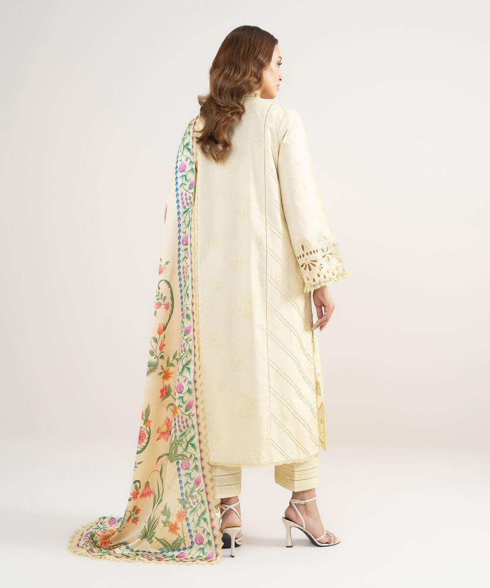 Women's Unstitched Cotton Embroidered Yellow 3 Piece Suit