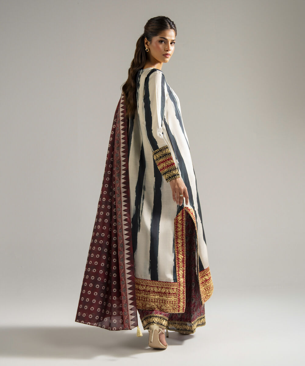Women's RTW Bright Raw Silk Embroidered Off White 3 Piece Suit