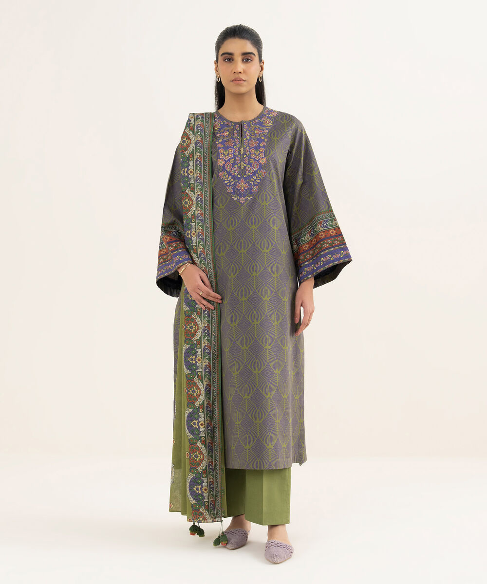 Women's Unstitched Lawn Printed Green 3 Piece Suit