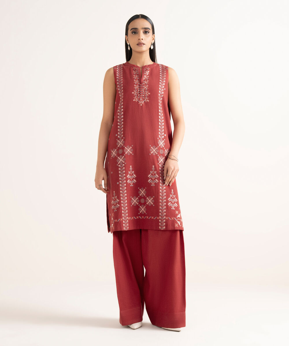 Women's Unstitched Dobby Embroidered Red  2 Piece Suit