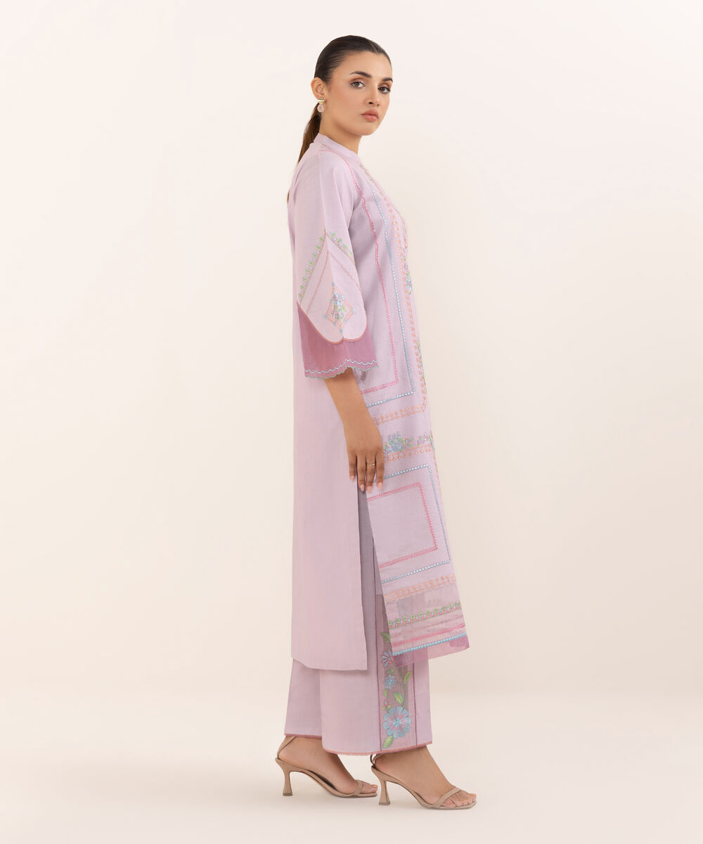 Women's Unstitched Cotton Embroidered Lilac Two Piece Suit