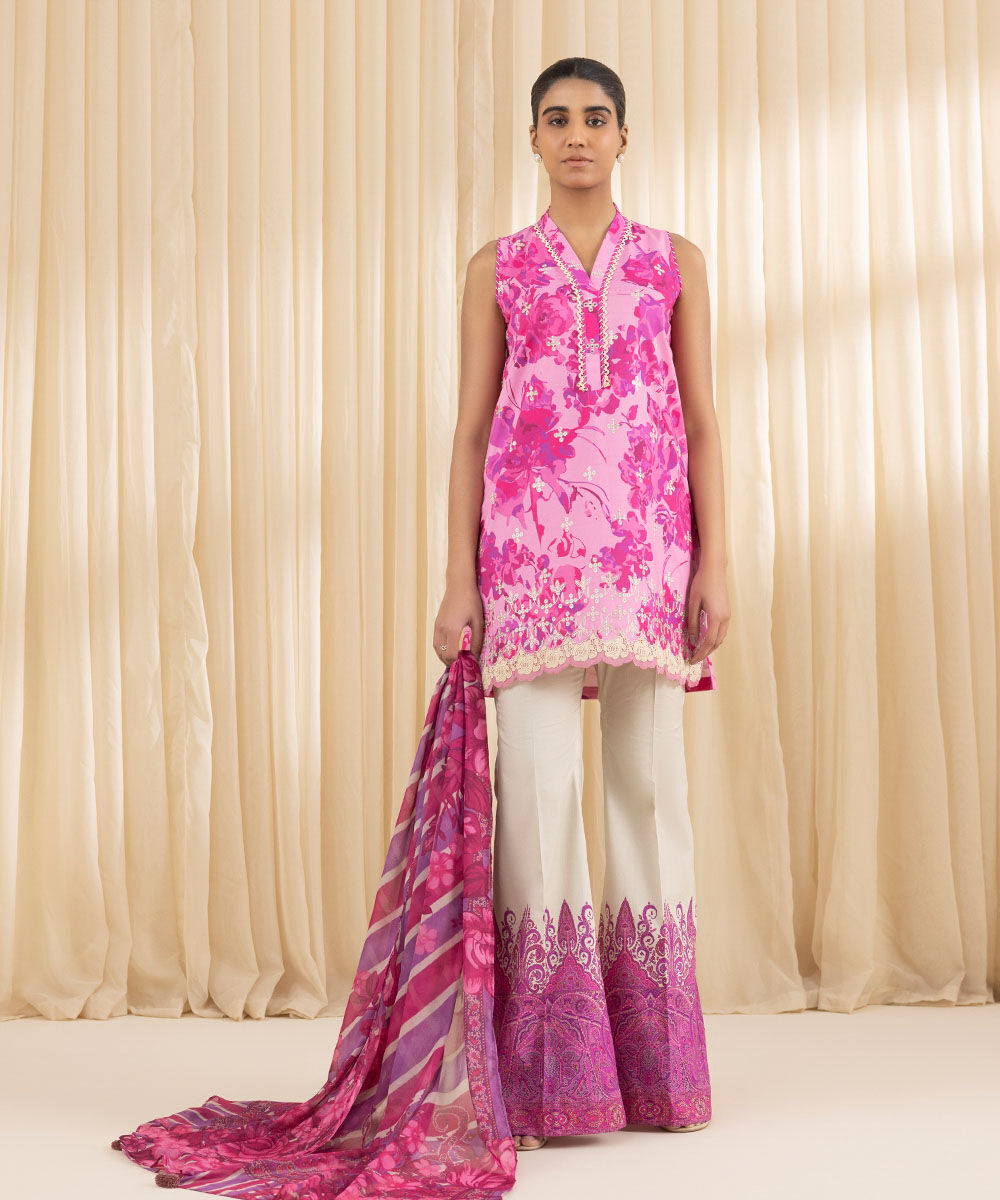 Unstitched Women's Embroidered Lawn Pink Three Piece Suit