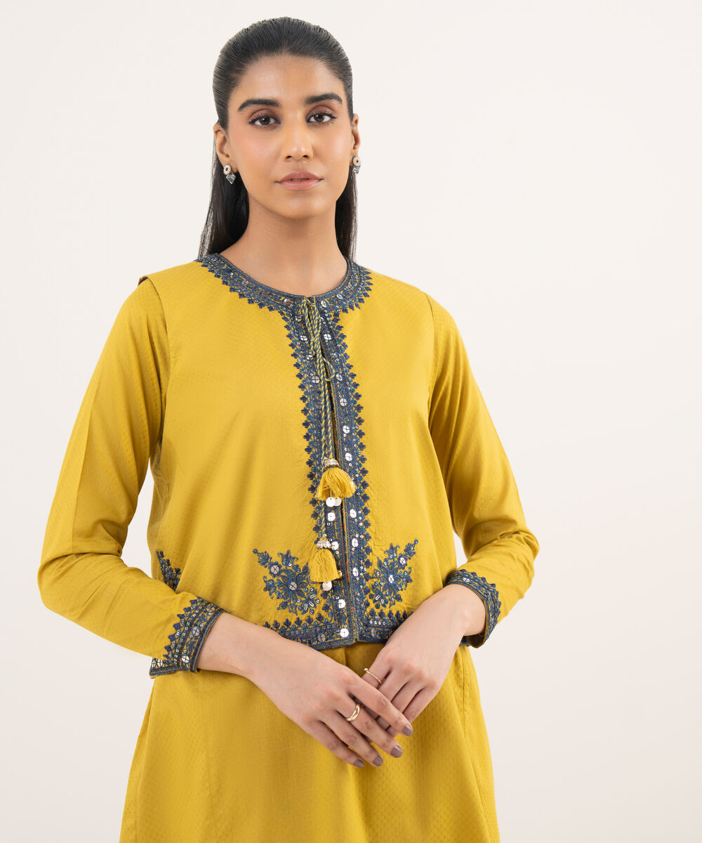 Women's RTW Textured Cotton Yellow Embroidered Front Open Waistcoat