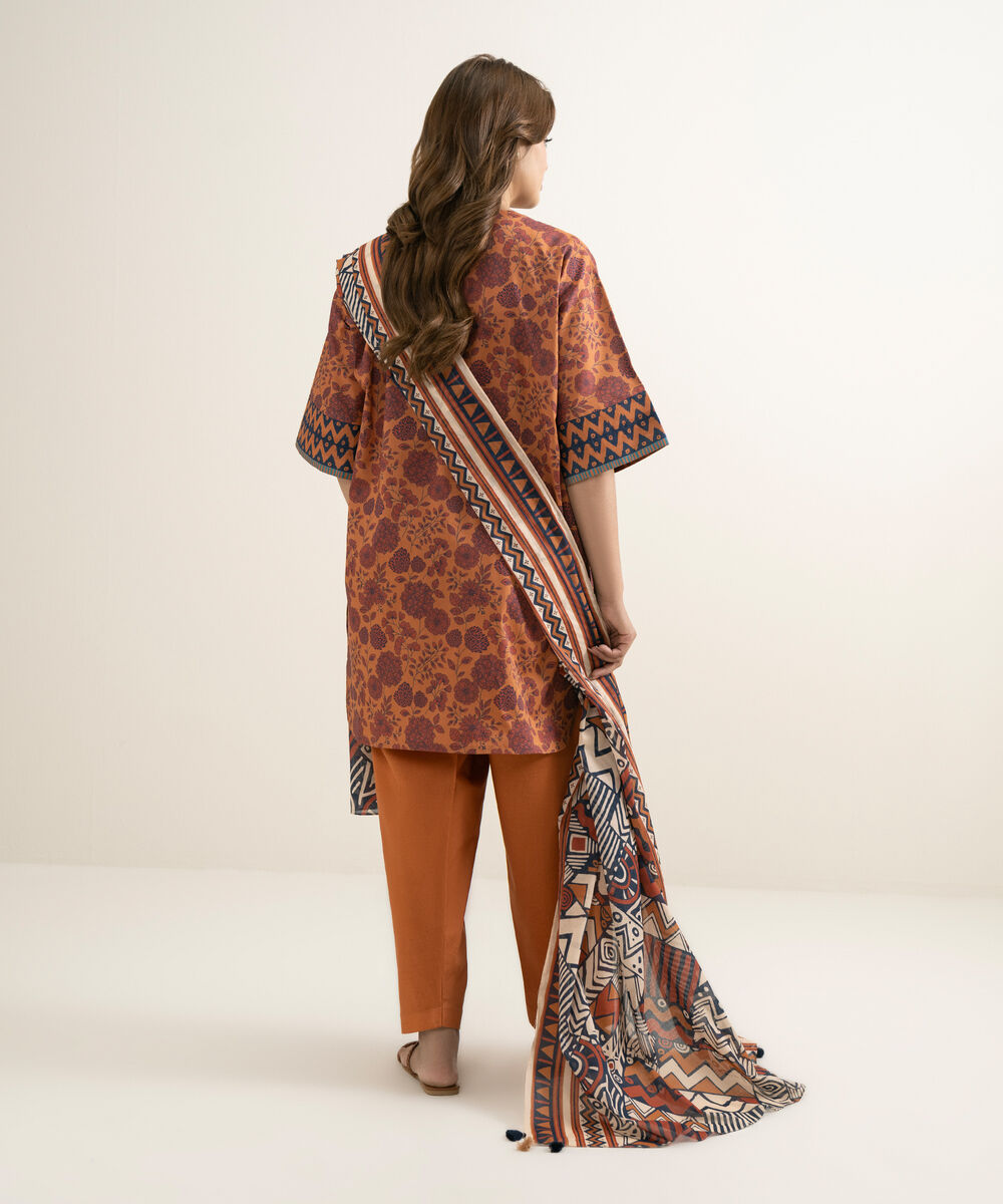 Women's Unstitched Lawn Printed Orange 3 Piece Suit