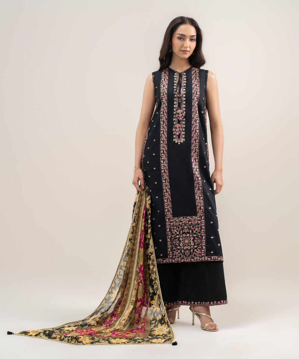 Women's RTW Dobby Embroidered Black 3 Piece Suit