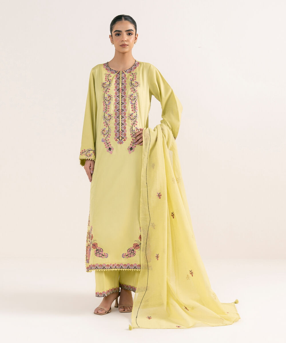 Women's RTW Cotton Satin Yellow Embroidered A-Line Shirt