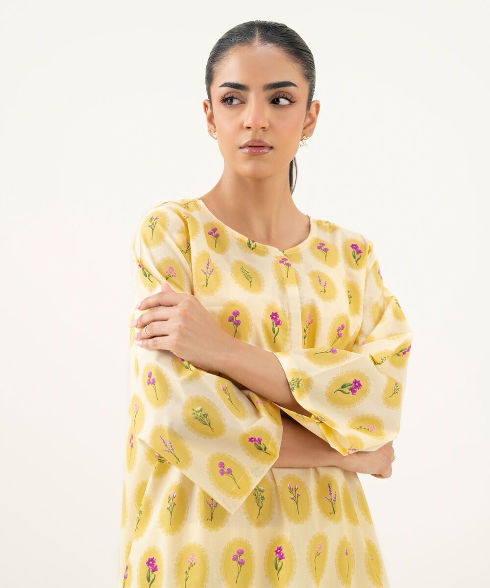 Women's RTW Cambric Printed Yellow Straight Shirt