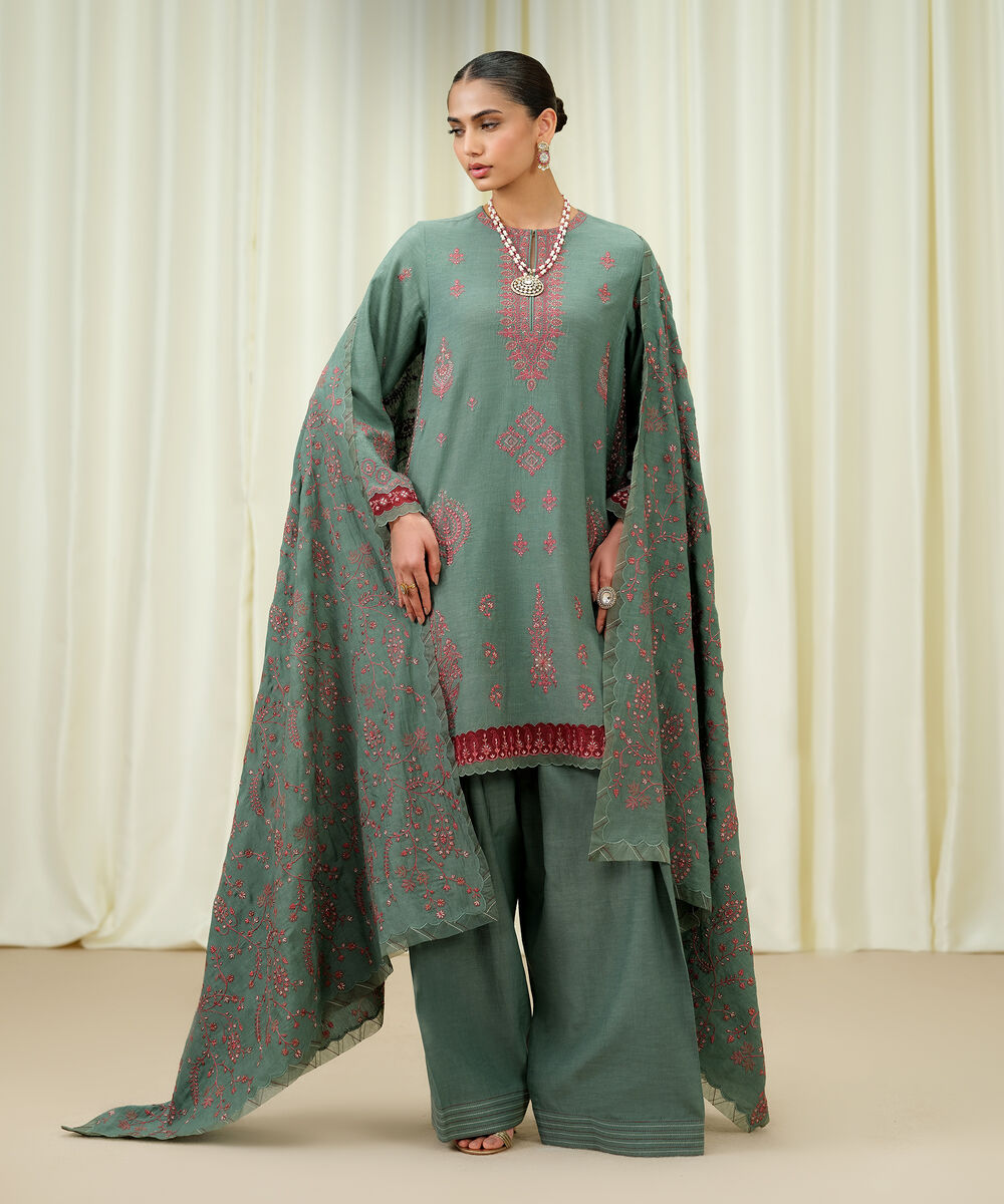 Women's Unstitched Viscose Karandi Embroidered Green 3 Piece Suit
