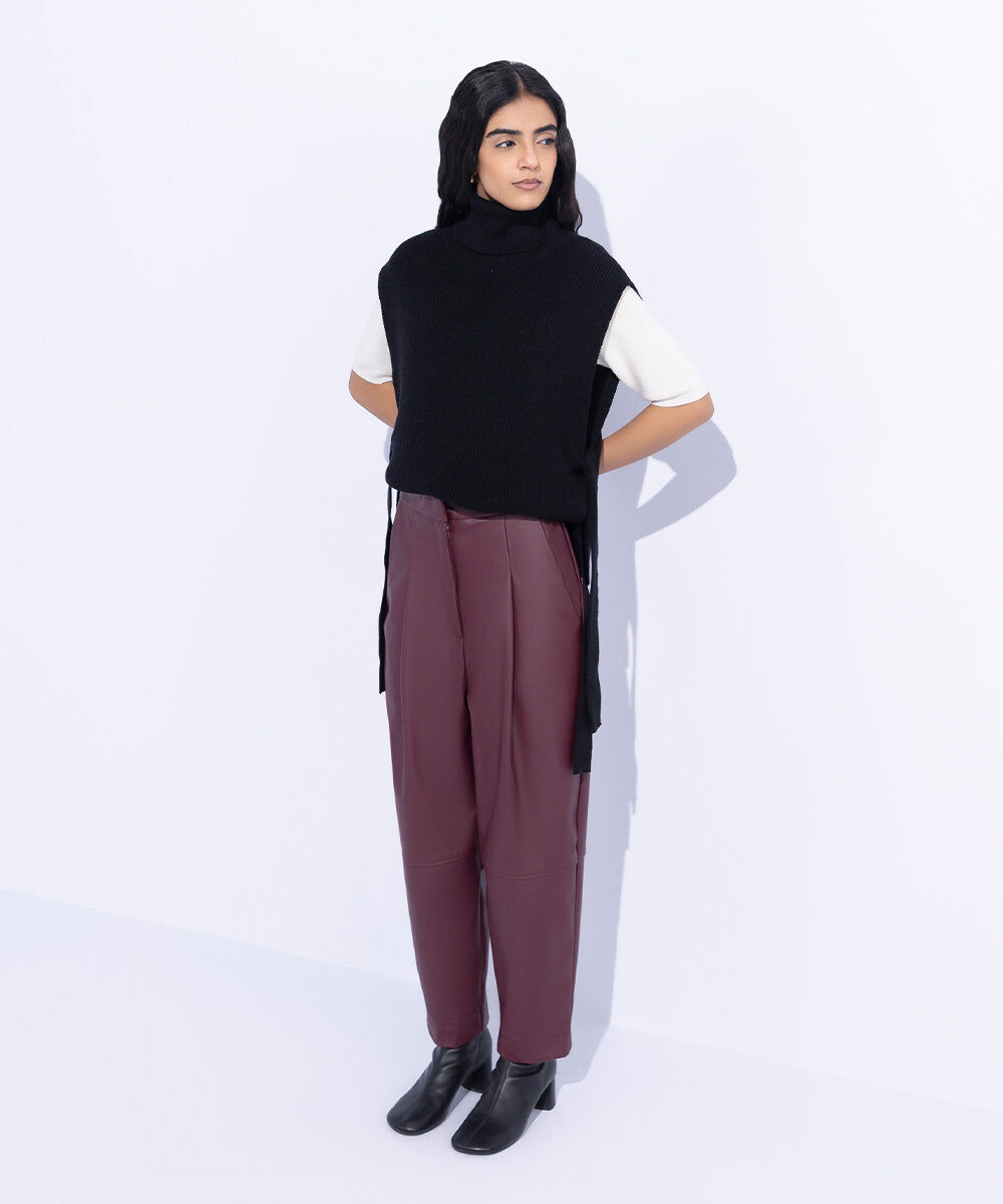 Woman - Red High Waisted Faux Leather Trousers
