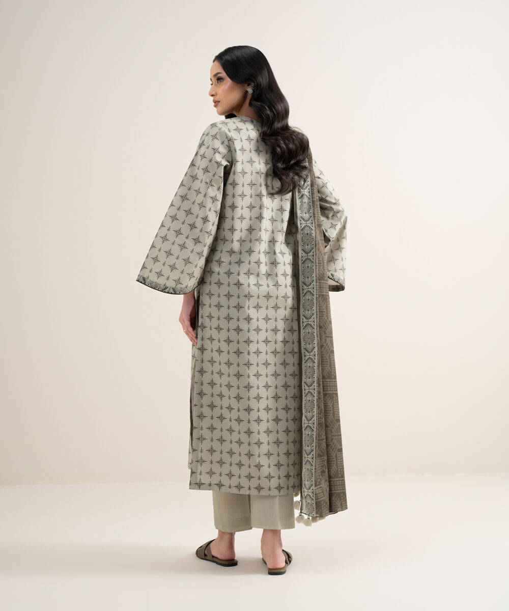 Women's Unstitched Lawn Printed Beige 3 Piece Suit
