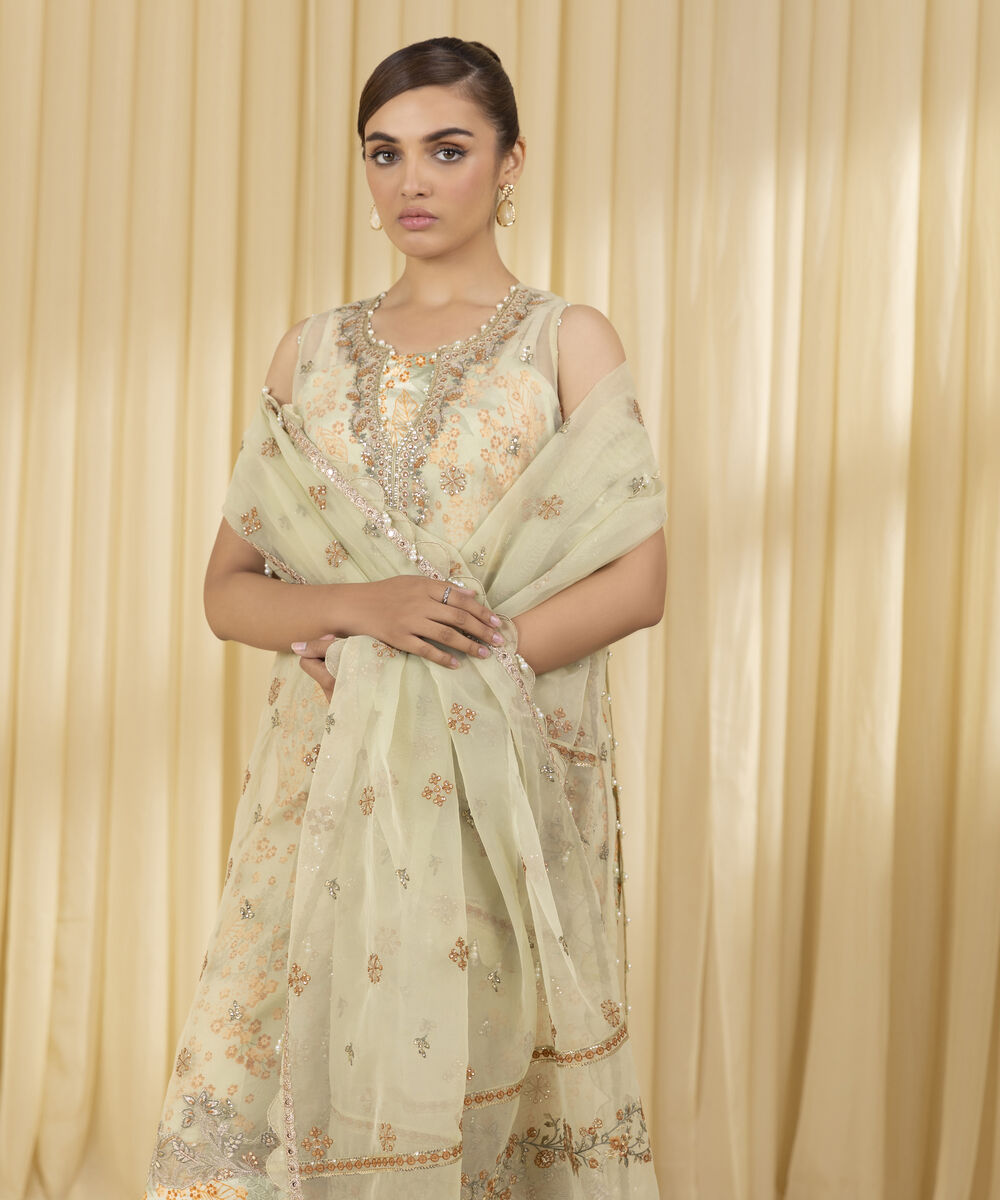 Unstitched Women's Beige Blended Organza 3 Piece Suit