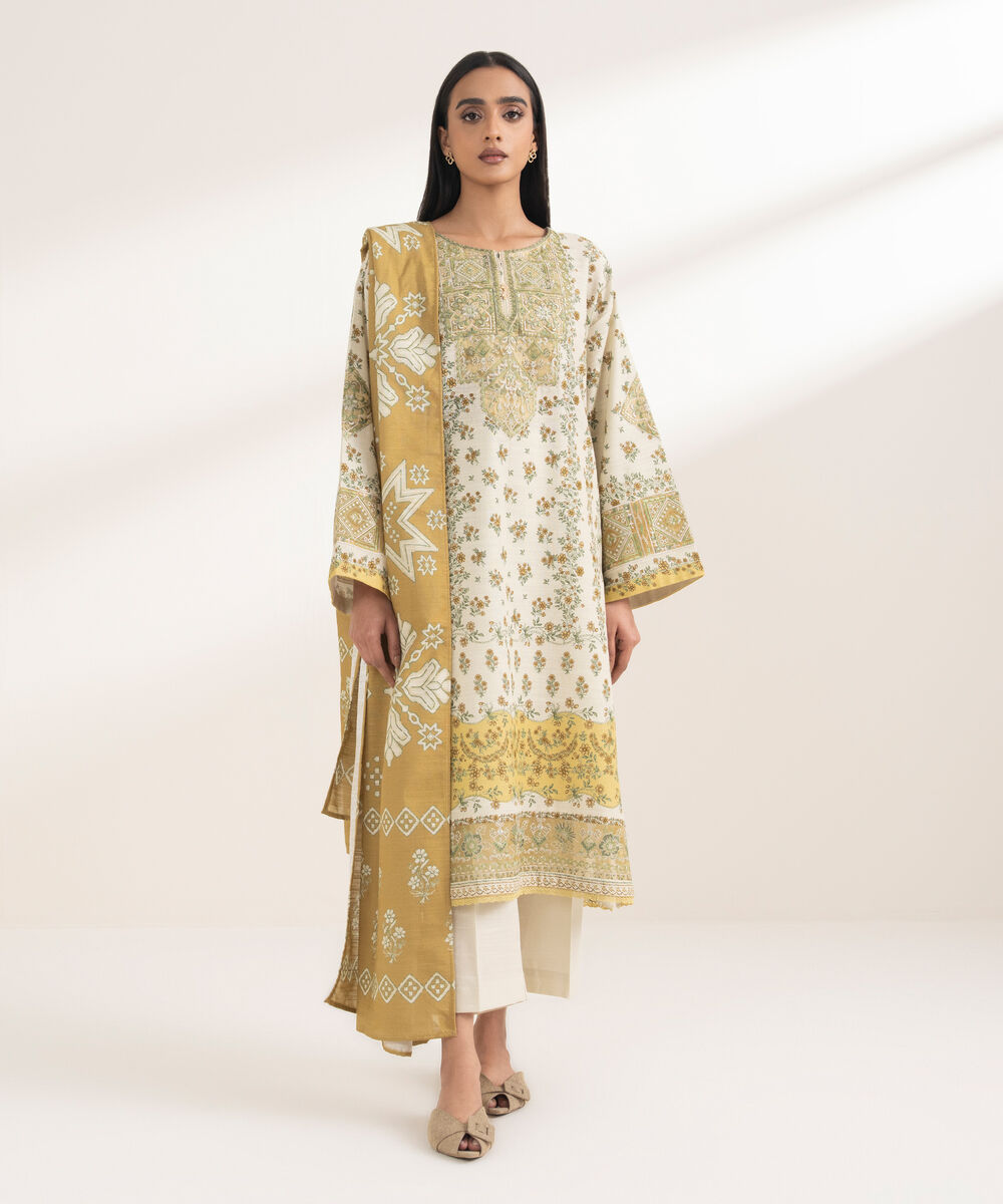 Women's RTW Khaddar Embroidered Off White 3 Piece Suit