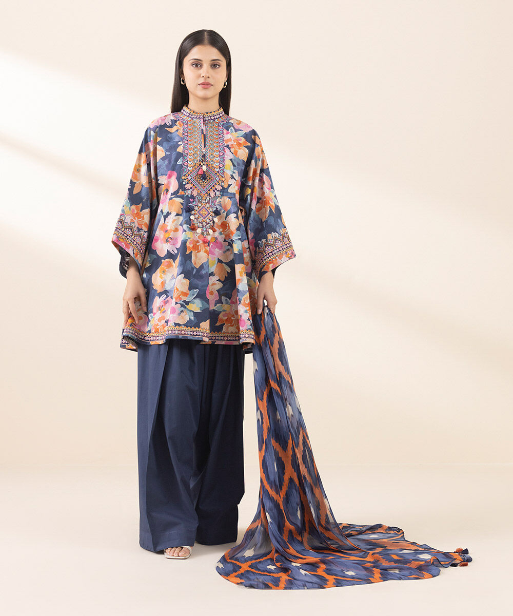 Unstitched Women's Embroidered Cross Hatch Multi Three Piece Suit