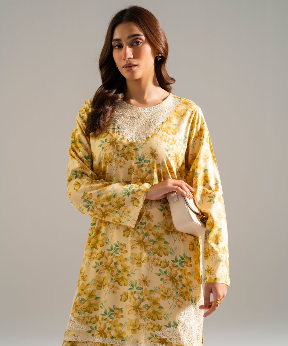 Women's RTW Arabic Lawn Embroidered Yellow 2 Piece Suit