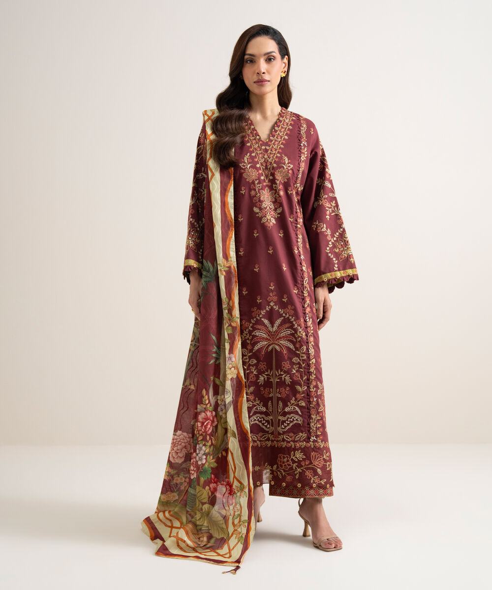 Women's Unstitched Lawn Embroidered Red 3 Piece Suit