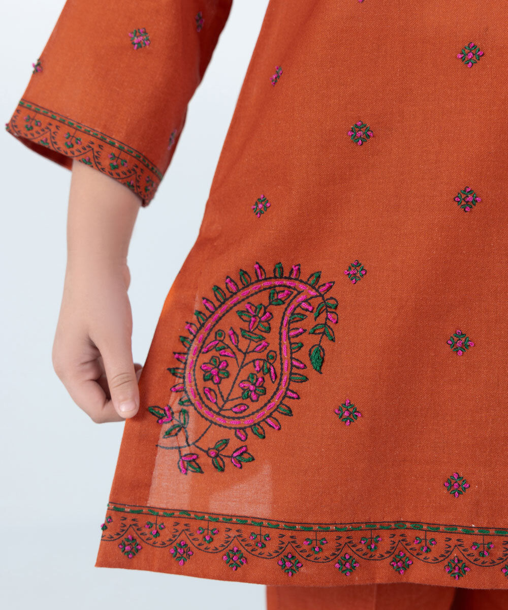 Kids East Girl's Orange 2 Piece Embroidered Khaddar Suit