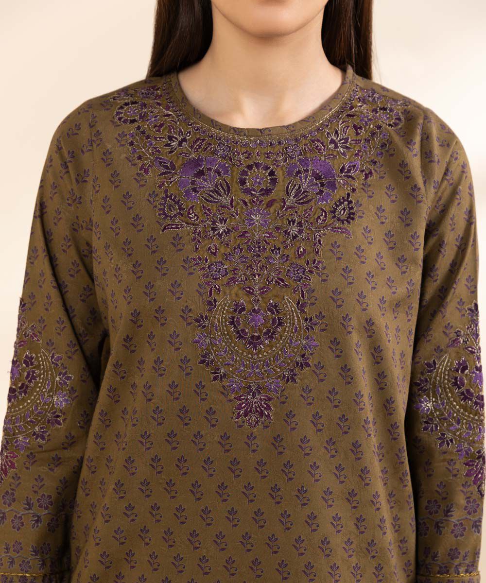 Unstitched Women's Embroidered Cotton Jacquard Brown  Three Piece Suit