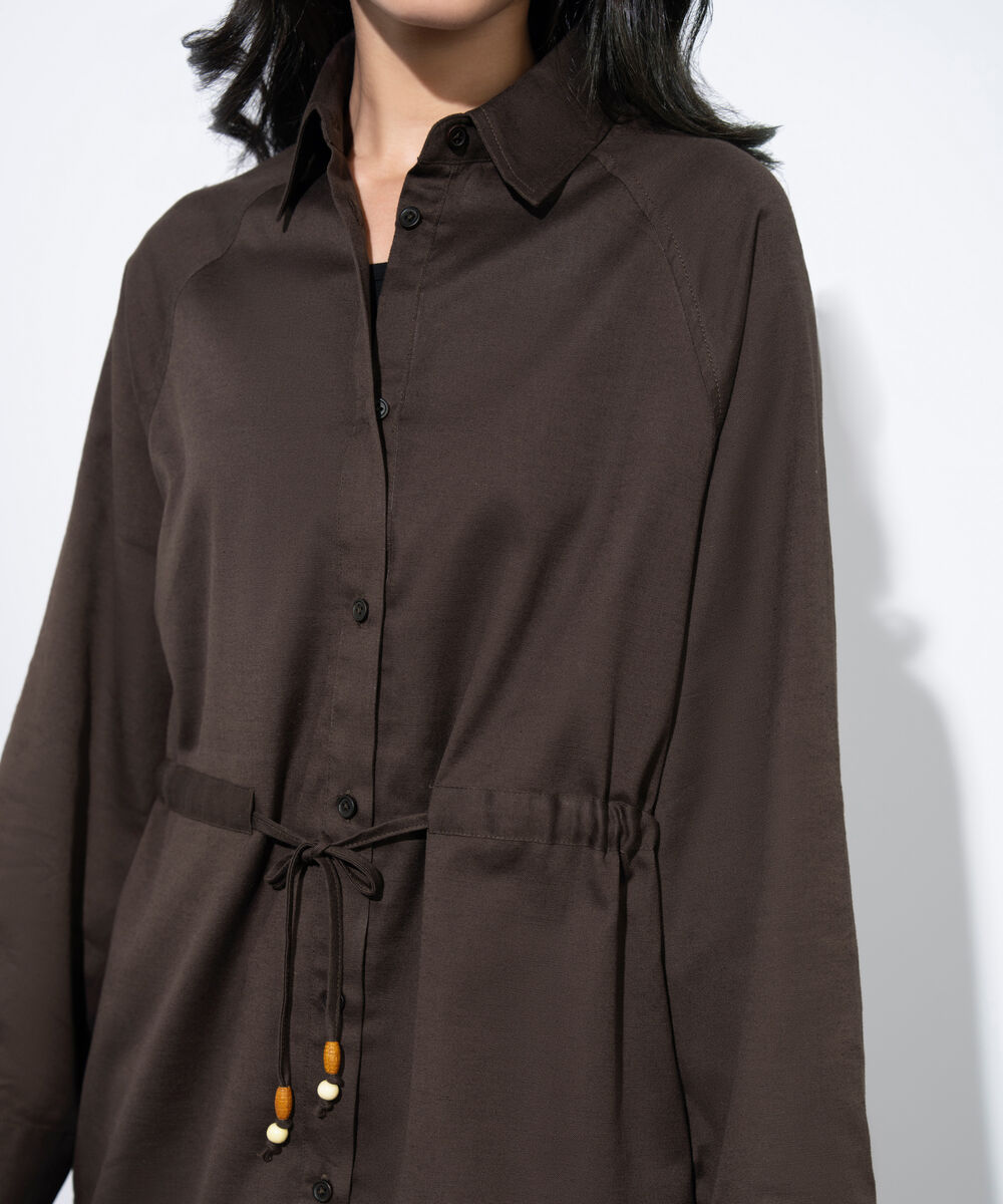 Women's Western Brown Linen Blend Shirt With Waist Drawcord