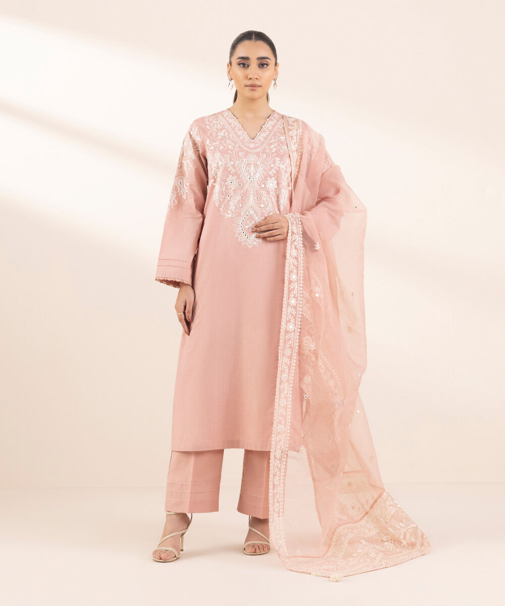Blended Organza Pink Embroidered Dupatta