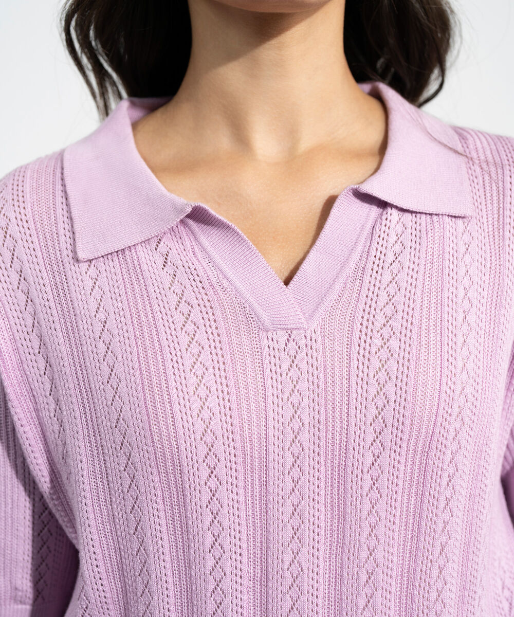 Women's Western Pink Pointelle Summer Knit Polo Top