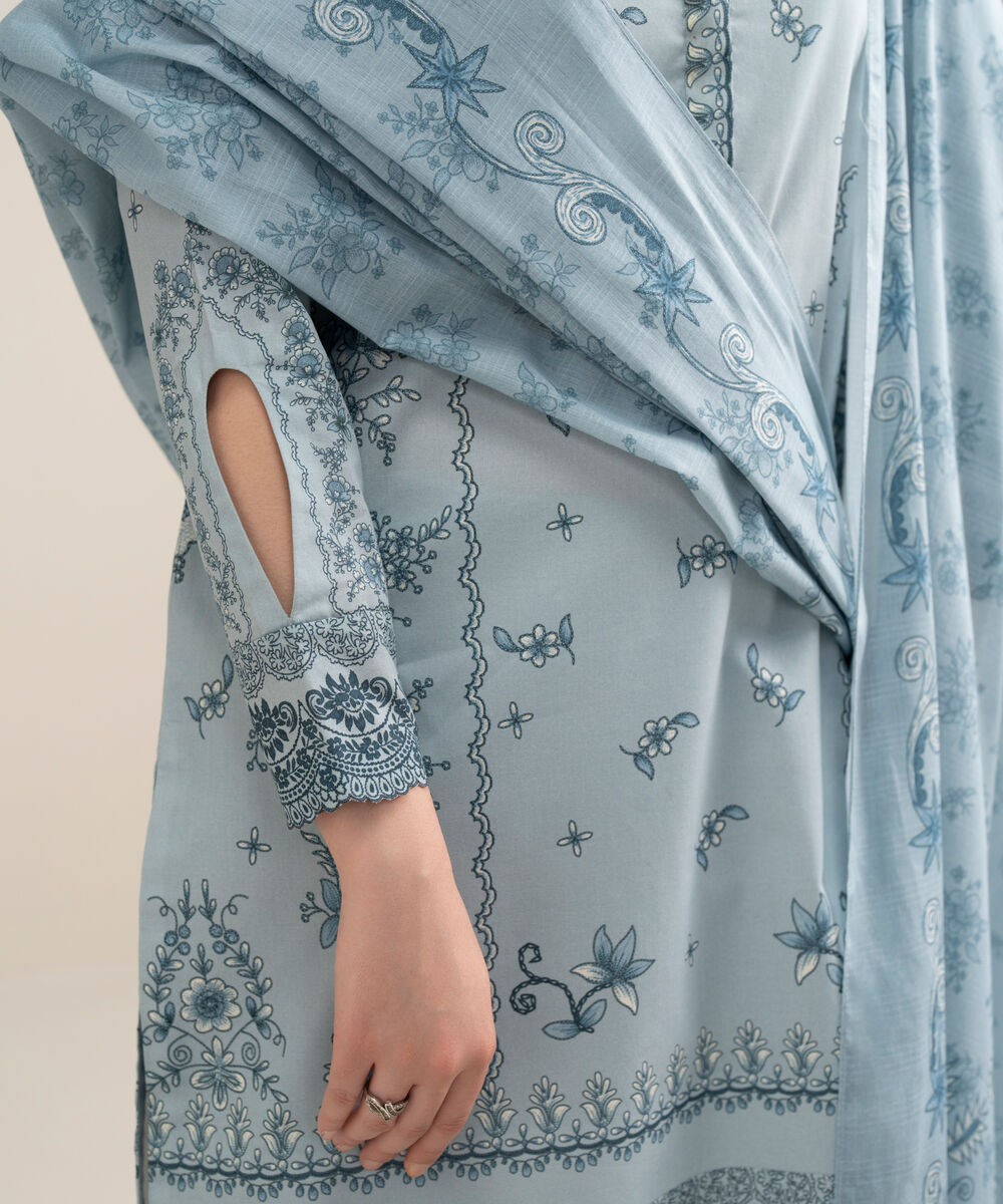 Women's Unstitched Lawn Printed Blue 3 Piece Suit