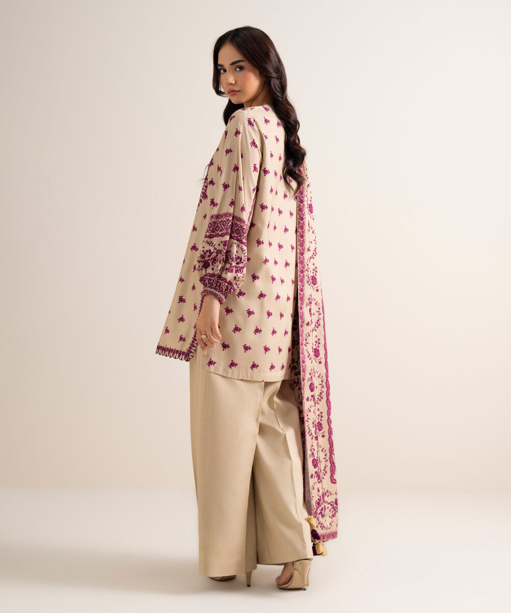 Women's Unstitched Embroidered Linen Beige 3 Piece Suit